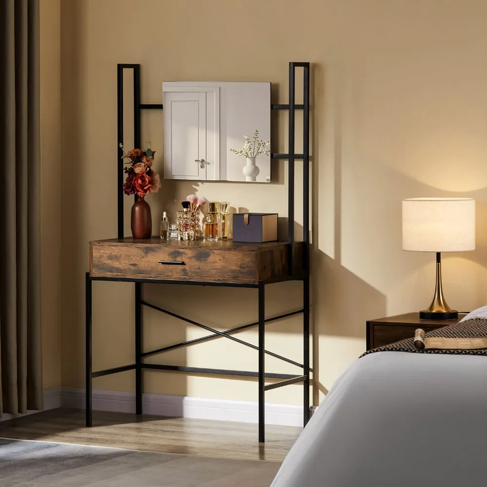 Brooklyn Single Drawer Vanity Dressing Table with Mirror - Brown