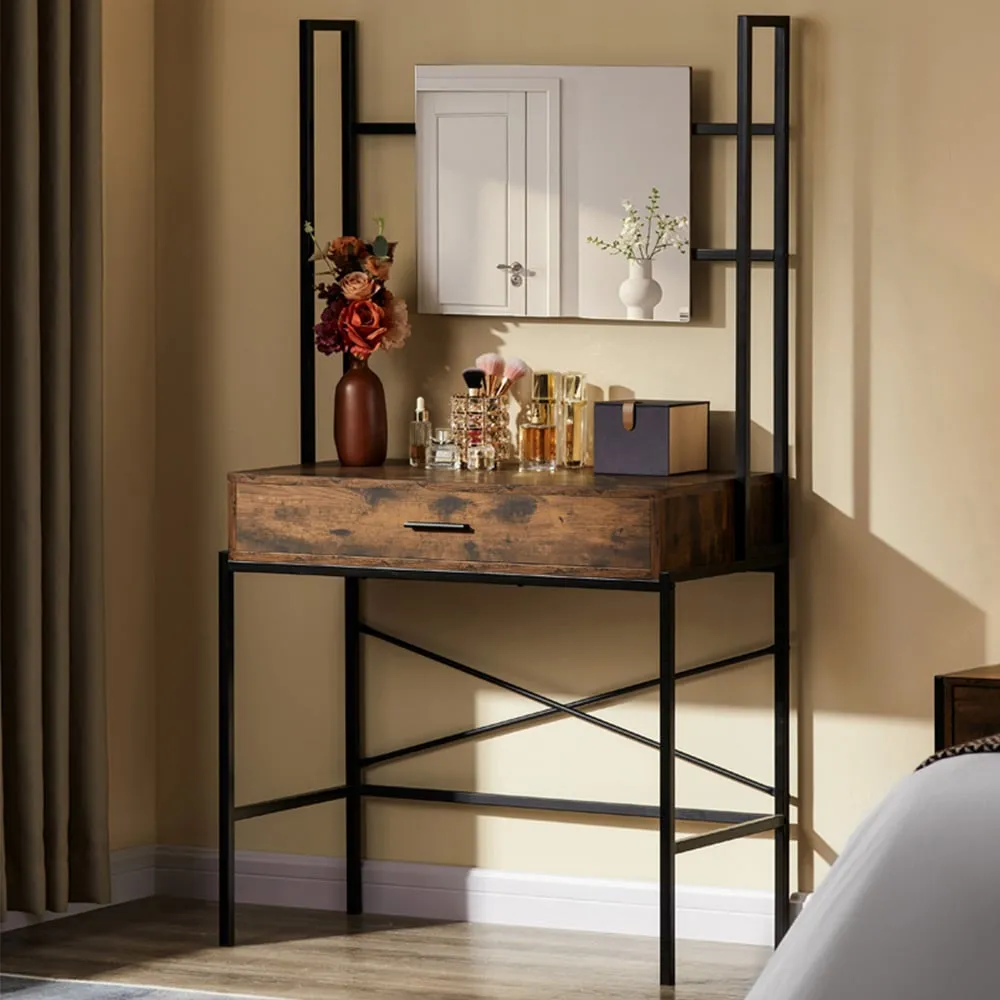 Brooklyn Single Drawer Vanity Dressing Table with Mirror - Brown