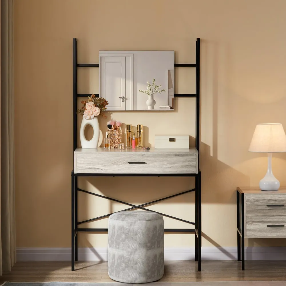 Brooklyn Single Drawer Vanity Dressing Table with Mirror - Grey