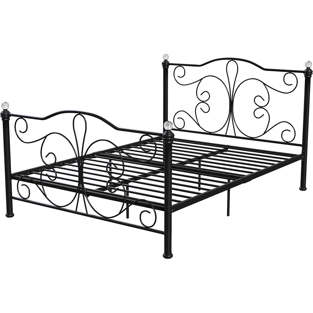 Chicago Double Bed Frame with Crystal Finials - Black, Metal