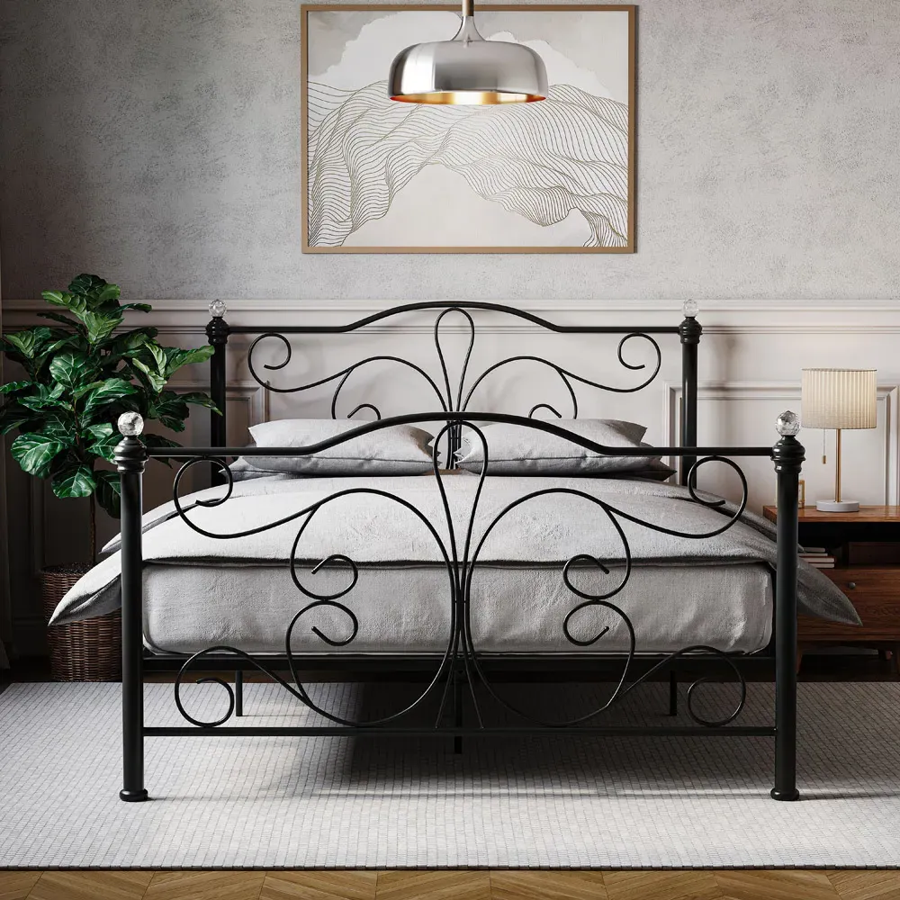 Chicago Double Bed Frame with Crystal Finials - Black, Metal