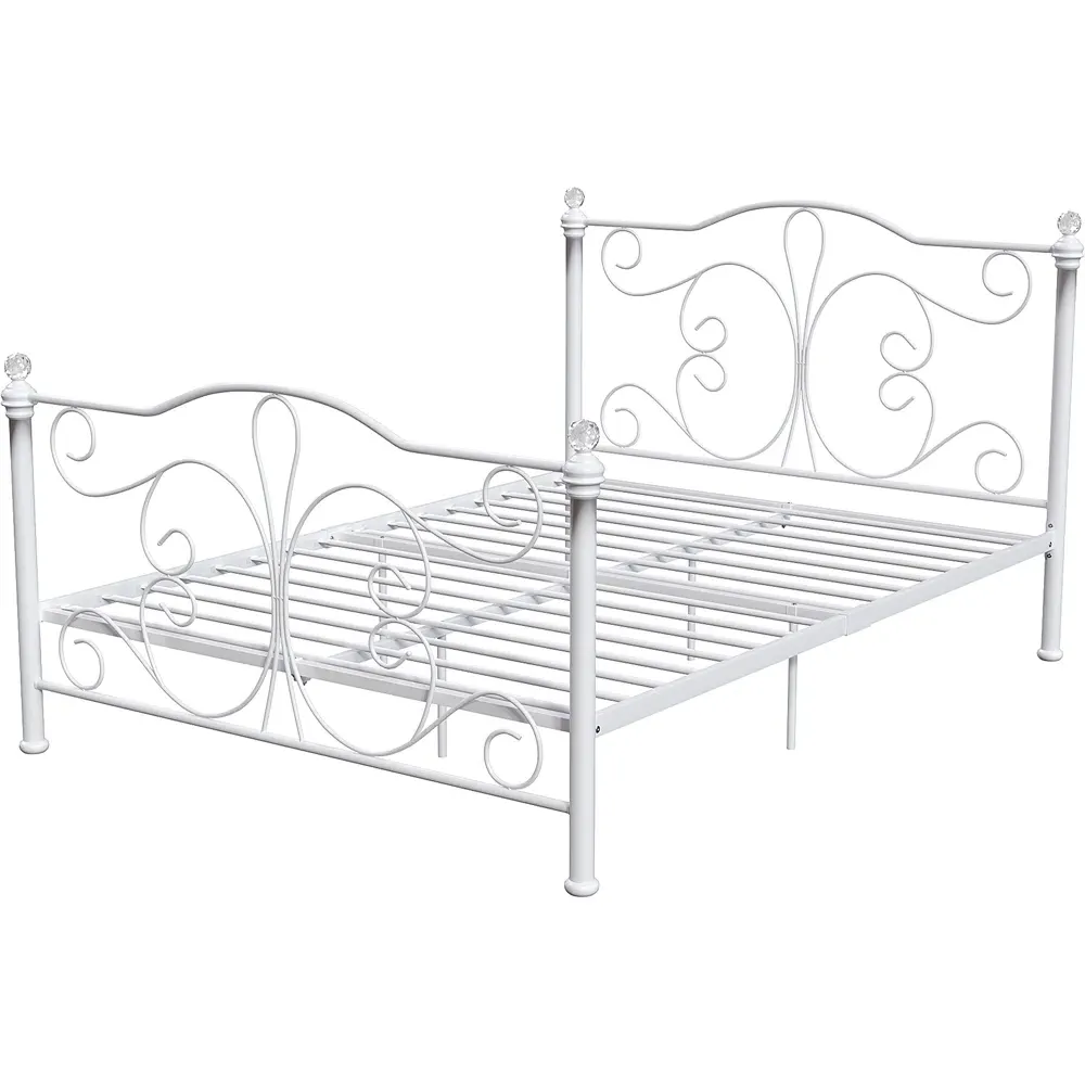 Chicago Double Bed Frame with Crystal Finials - White, Metal