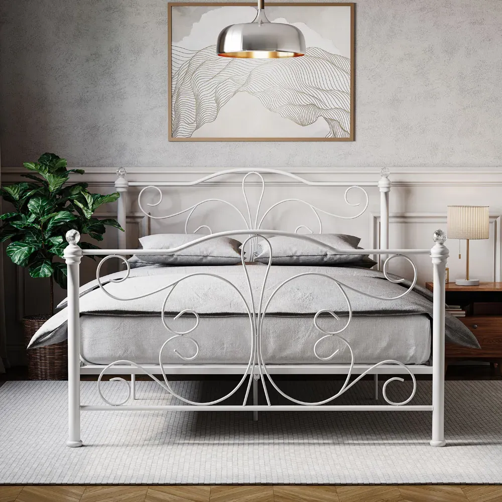 Chicago Double Bed Frame with Crystal Finials - White, Metal