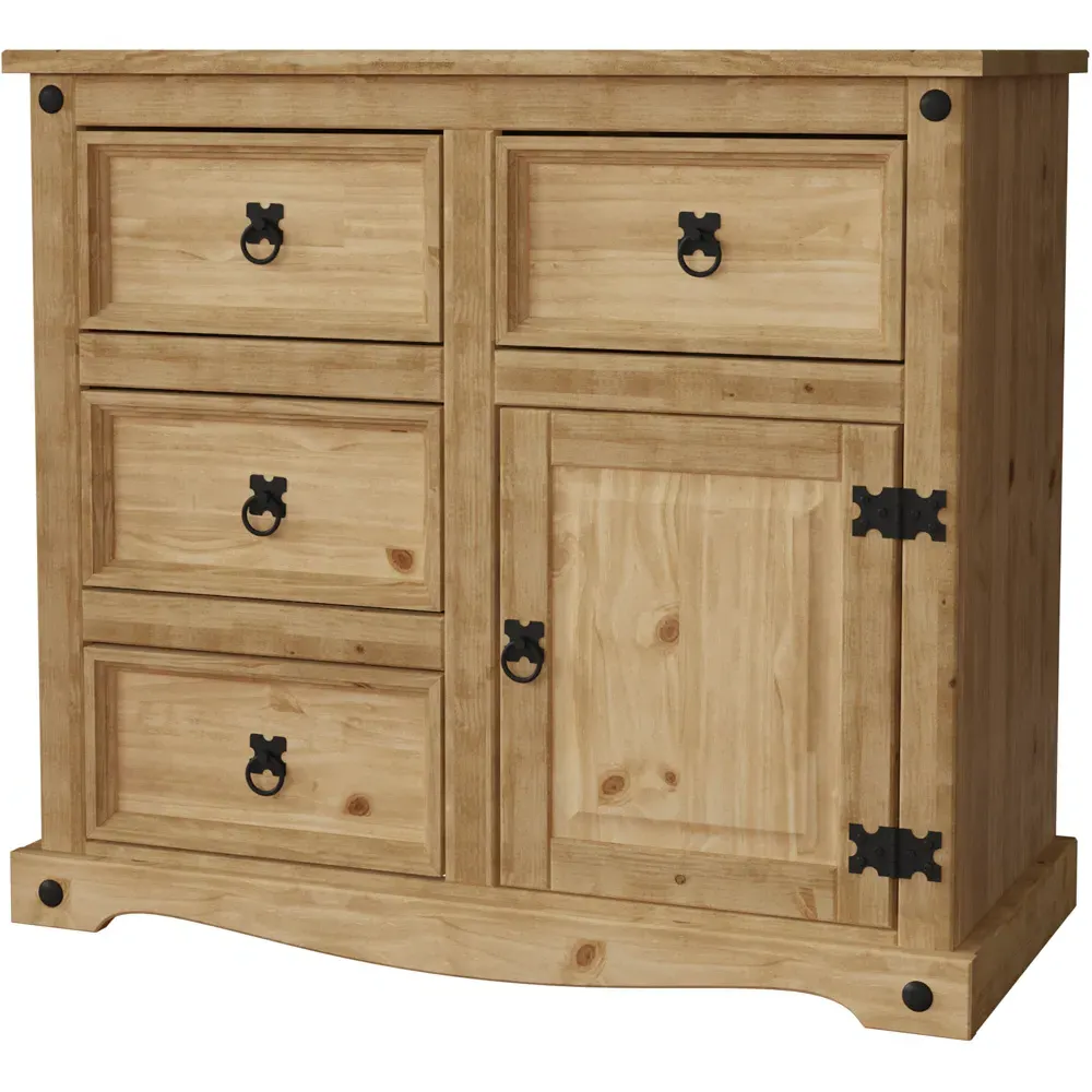 Corona Single Door 4 Drawer Small Sideboard - Brown, Pine