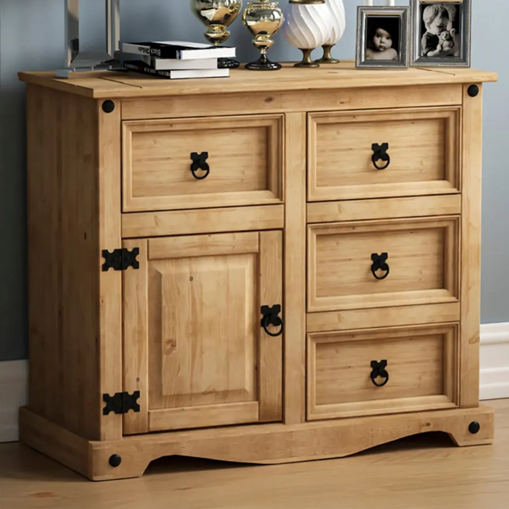 Corona Single Door 4 Drawer Small Sideboard - Brown, Pine