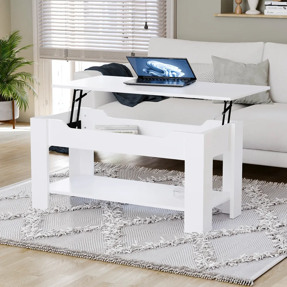 Lift Up Coffee Table with Storage - White