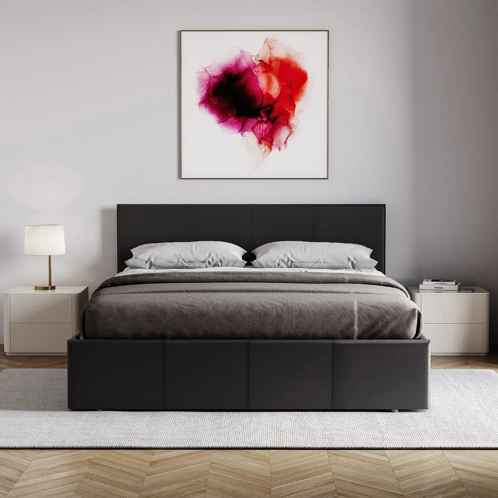 Lisbon Double Ottoman Bed Frame with Storage - Black, Faux Leather