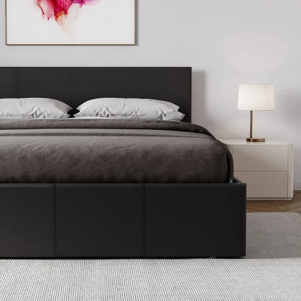 Lisbon Double Ottoman Bed Frame with Storage - Black, Faux Leather