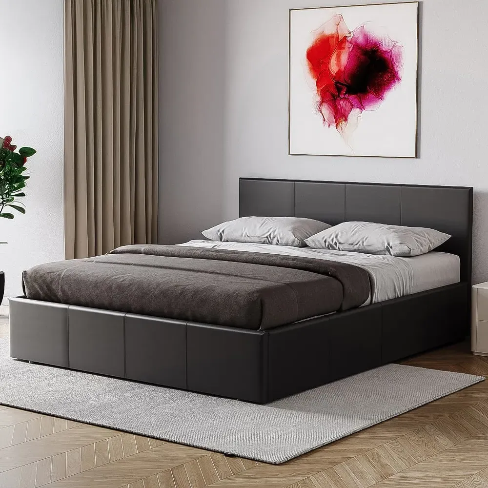 Lisbon Double Ottoman Bed Frame with Storage - Black, Faux Leather