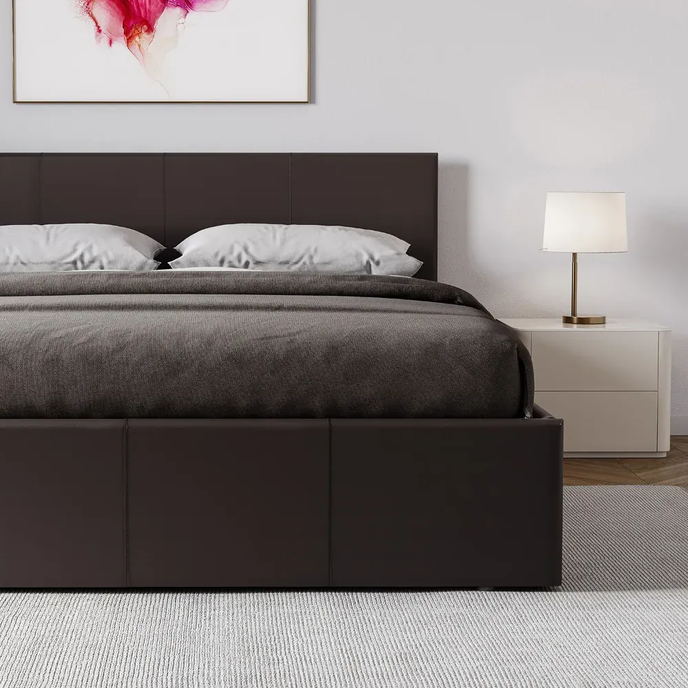 Lisbon Double Ottoman Bed Frame with Storage - Brown, Faux Leather