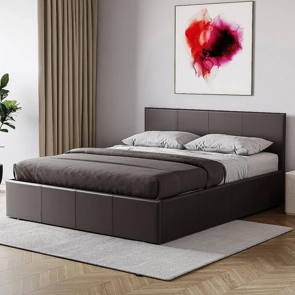 Lisbon Double Ottoman Bed Frame with Storage - Brown, Faux Leather