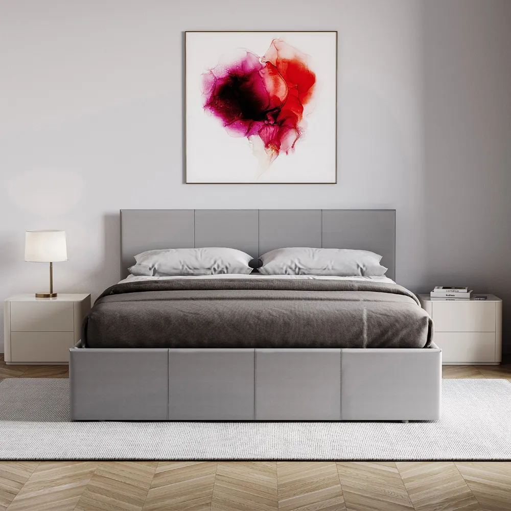 Lisbon Double Ottoman Bed with Storage - Grey, Faux Leather