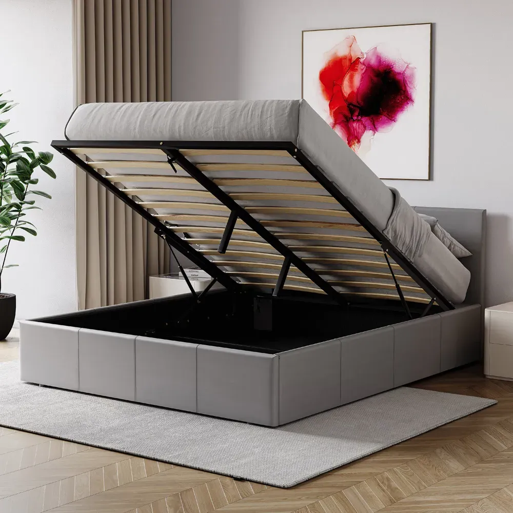 Lisbon Double Ottoman Bed with Storage - Grey, Faux Leather