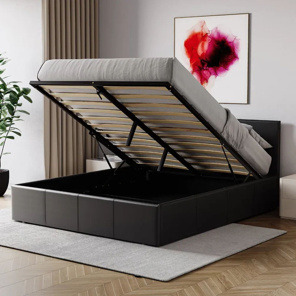 Lisbon King Size Ottoman Bed Frame with Storage - Black, Faux Leather