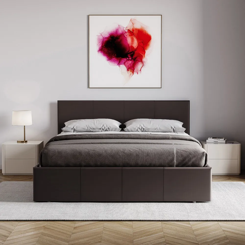 Lisbon King Size Ottoman Bed with Storage - Brown, Faux Leather