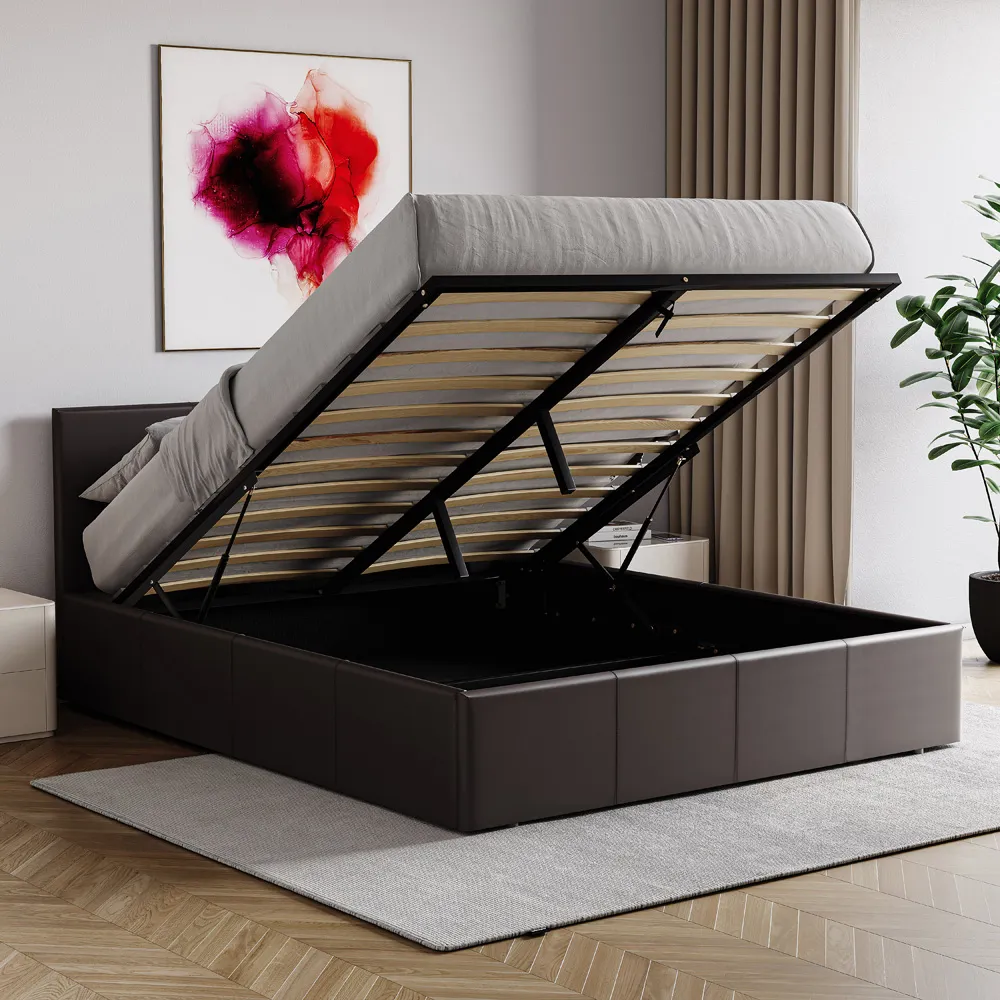 Lisbon King Size Ottoman Bed with Storage - Brown, Faux Leather