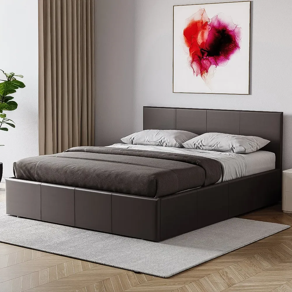 Lisbon King Size Ottoman Bed with Storage - Brown, Faux Leather