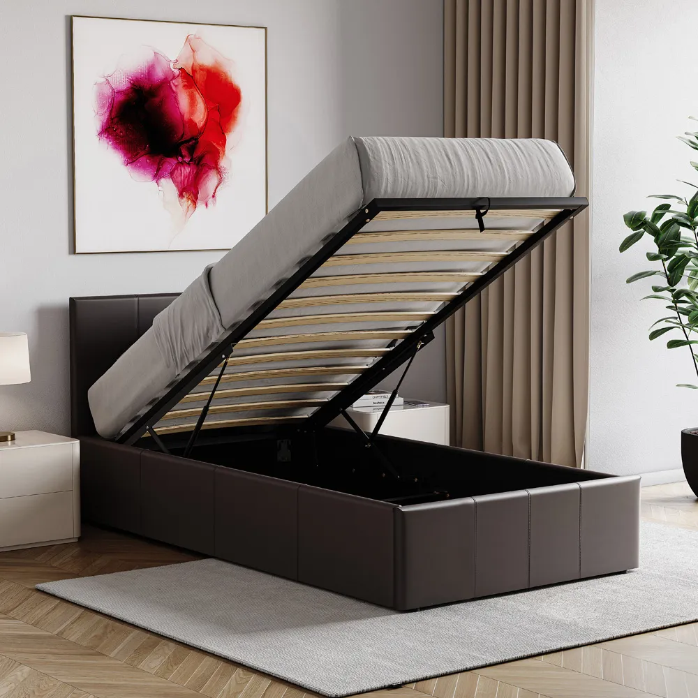Lisbon Single Ottoman Bed Frame with Storage - Brown, Faux Leather
