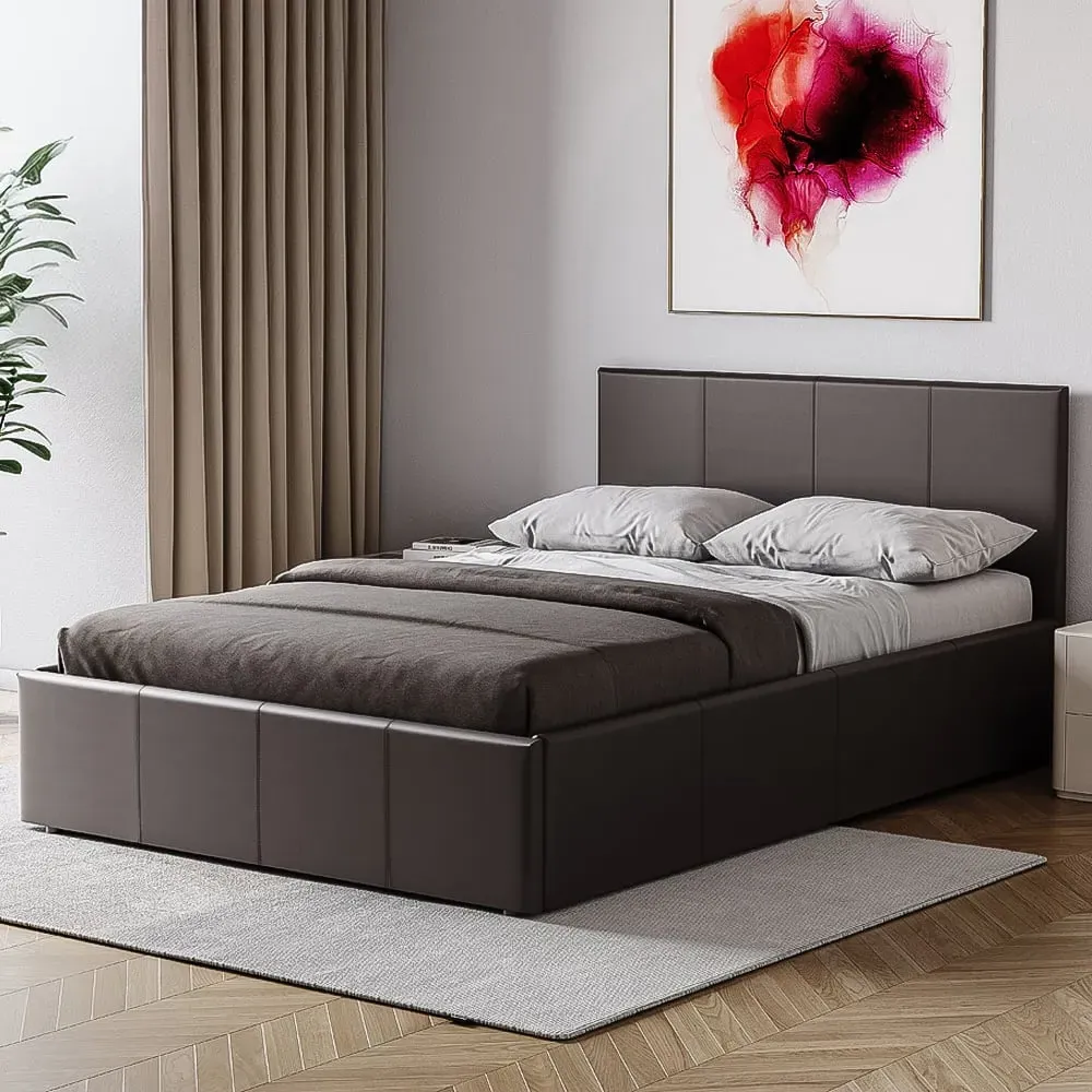 Lisbon Small Double Ottoman Bed Frame with Storage - Brown, Faux Leather