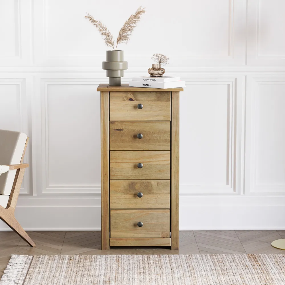 Panama 5 Drawer Narrow Chest of Drawers - Brown, Pine