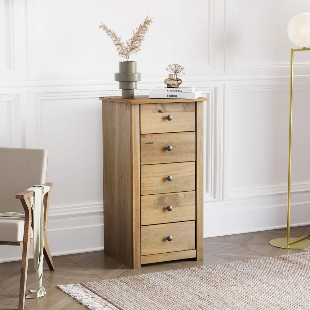 Panama 5 Drawer Narrow Chest of Drawers - Brown, Pine