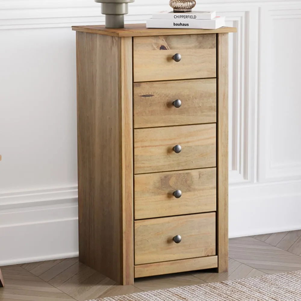 Panama 5 Drawer Narrow Chest of Drawers - Brown, Pine image