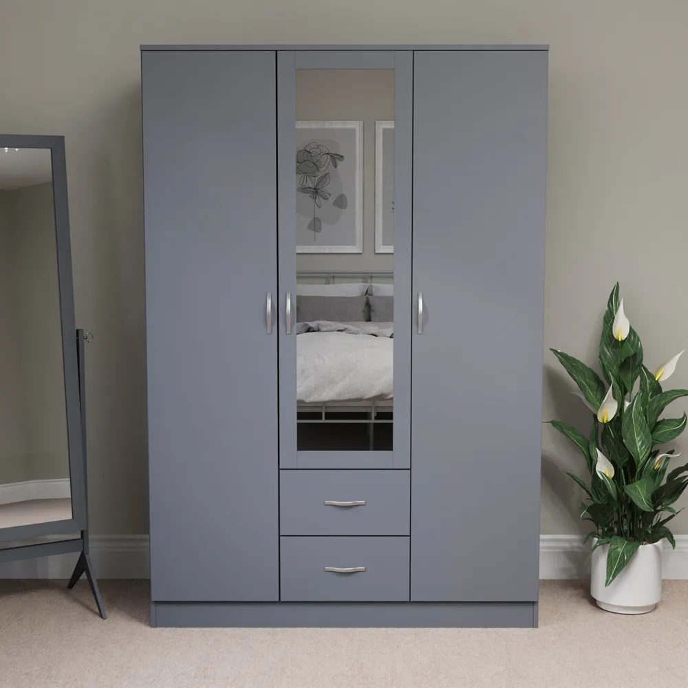 Riano 3 Door Wardrobe with Drawers and Mirror - Grey