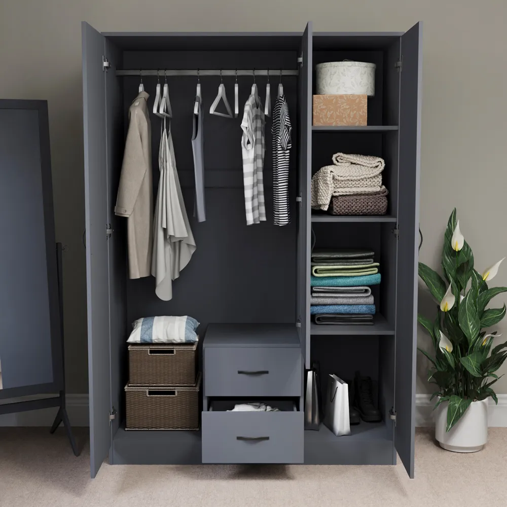 Riano 3 Door Wardrobe with Drawers and Mirror - Grey