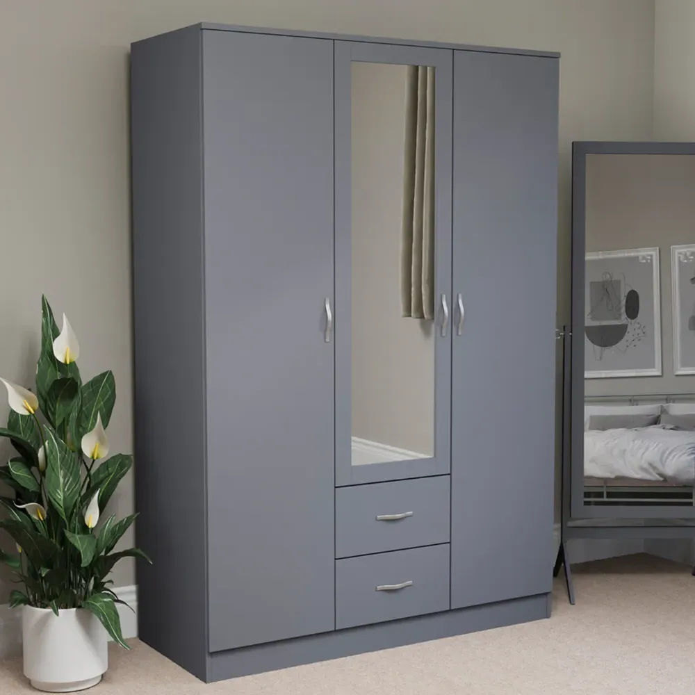 Riano 3 Door Wardrobe with Drawers and Mirror - Grey