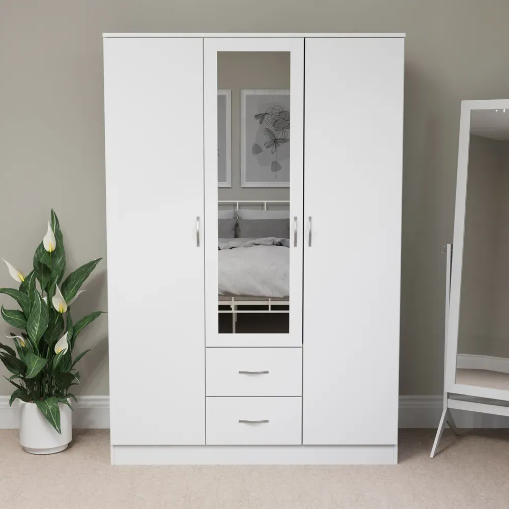 Riano 3 Door Wardrobe with Drawers and Mirror - White