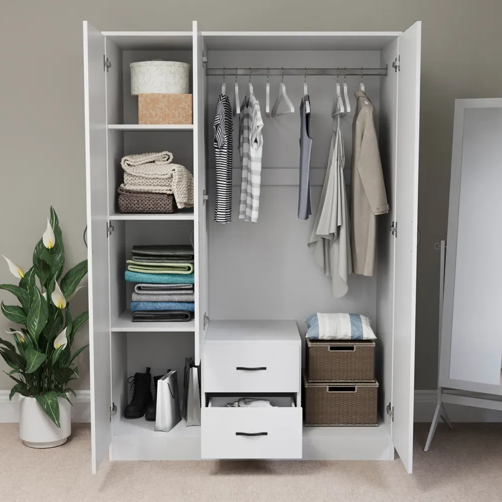 Riano 3 Door Wardrobe with Drawers and Mirror - White