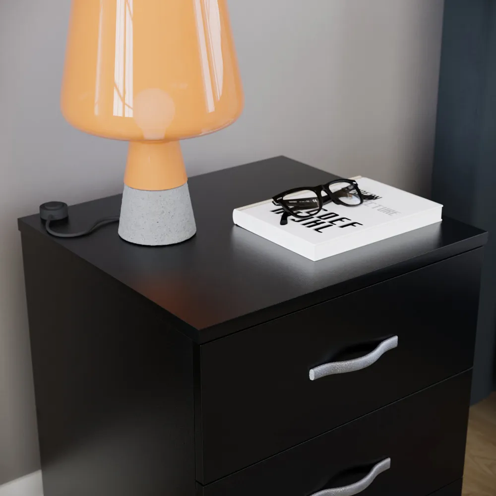 Riano 3 Drawer Bedside Table - Black