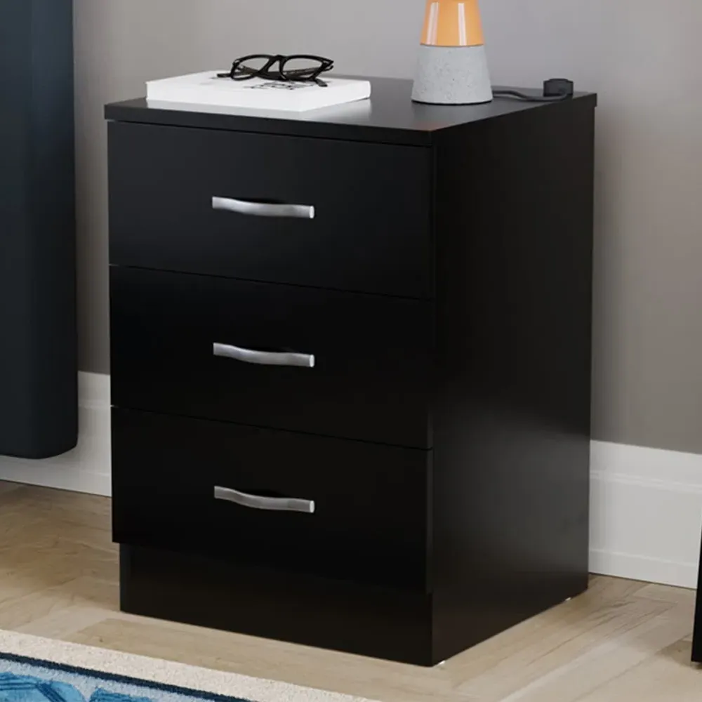 Riano 3 Drawer Bedside Table - Black