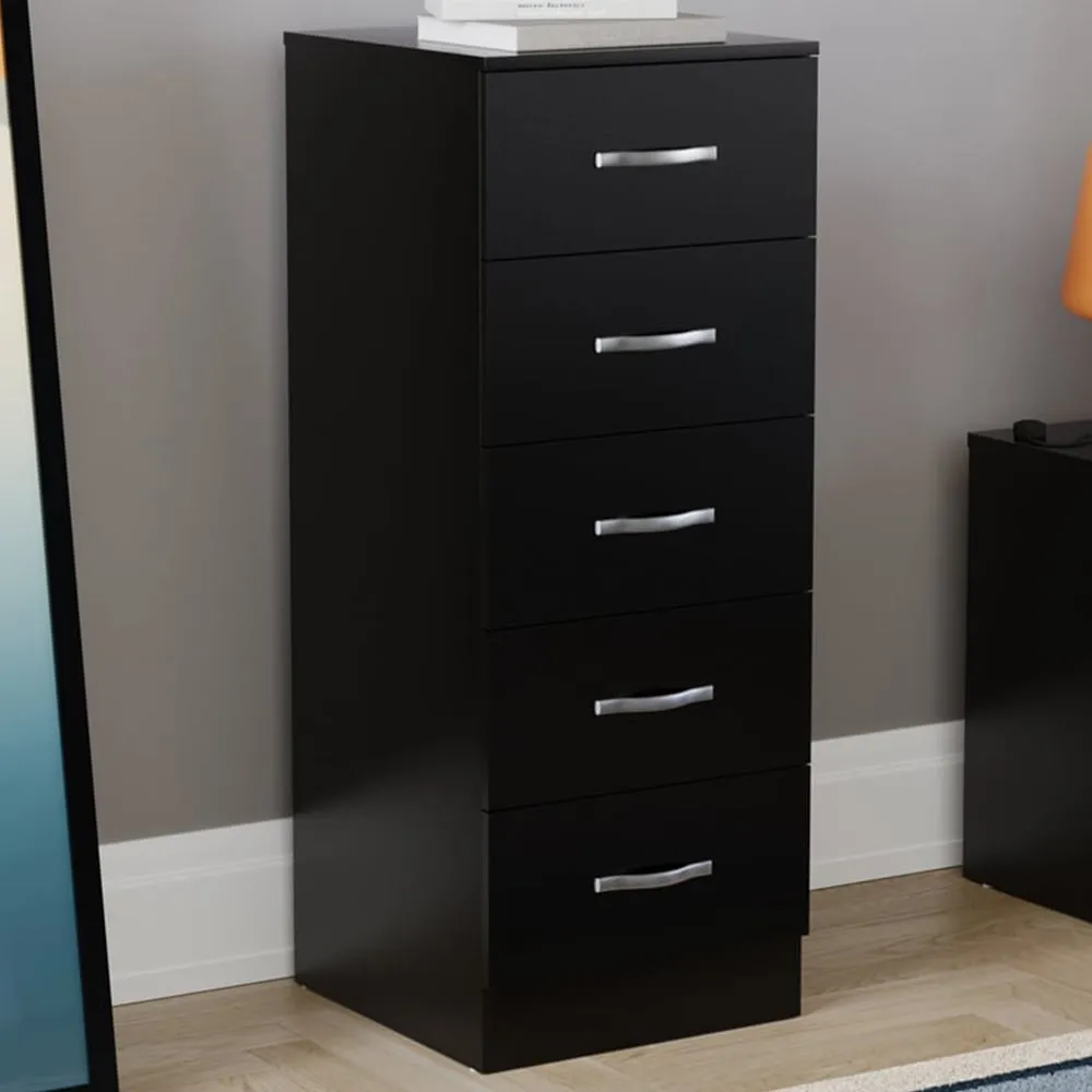 Riano 5 Drawer Narrow Chest of Drawers - Black