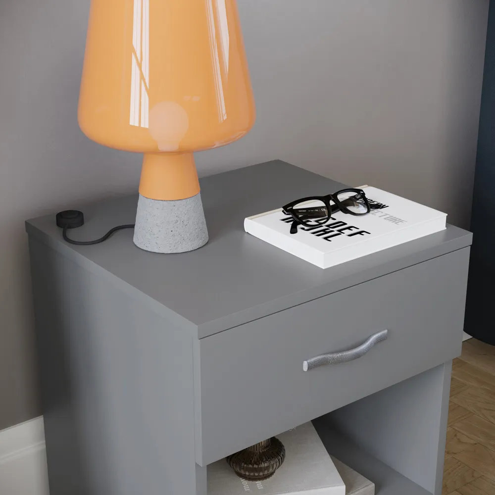 Riano Single Drawer Bedside Table - Grey, MDF