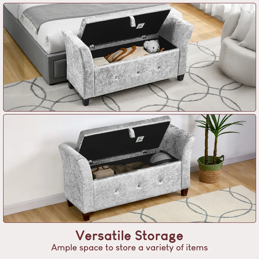 Seville Storage Ottoman with Lid - Silver, Crushed Velvet