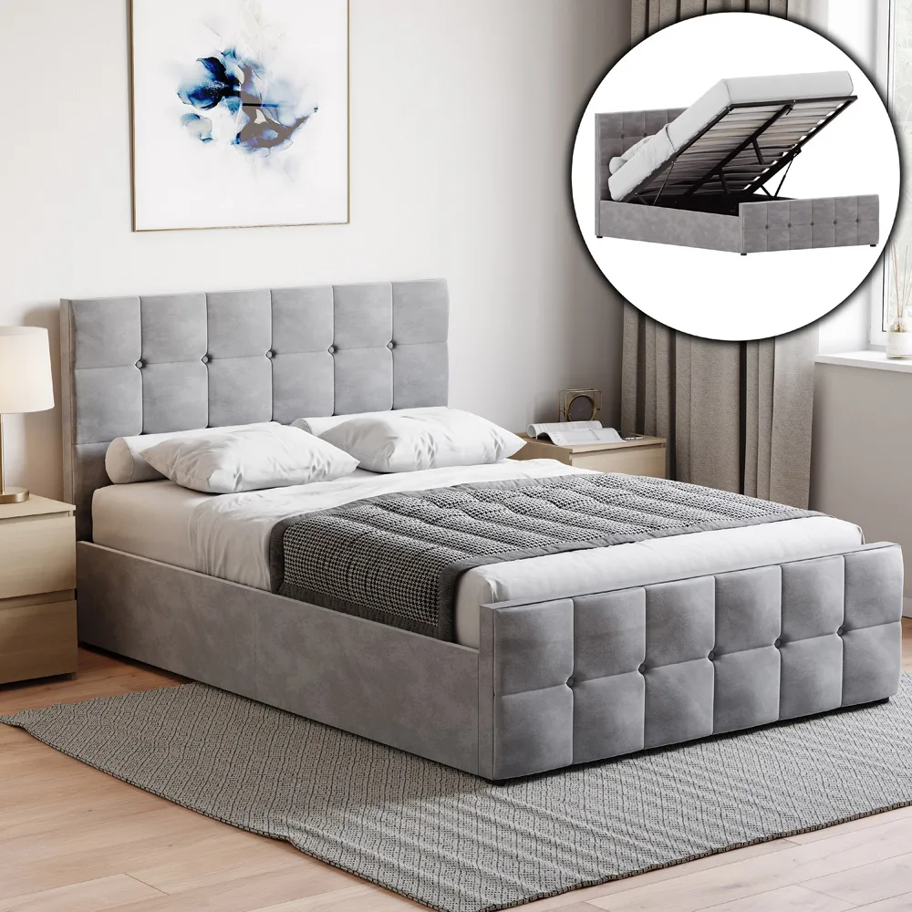 Valentina Double Ottoman Bed with Storage - Grey, Velvet