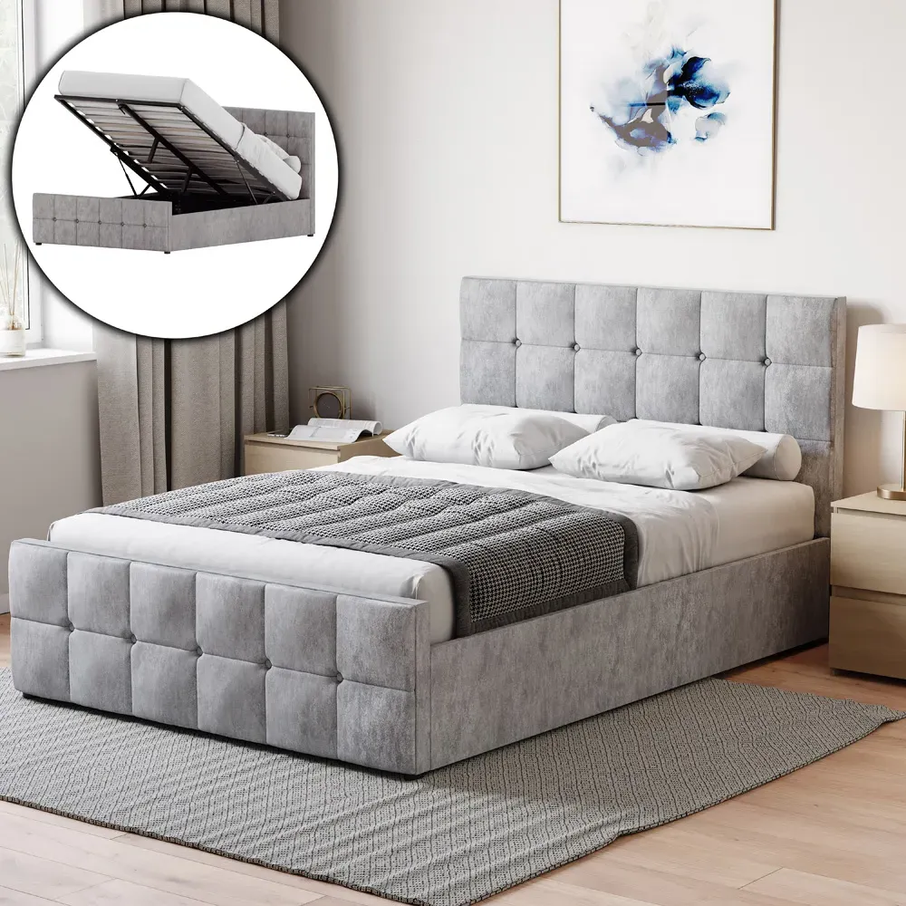 Valentina Double Ottoman Bed with Storage - Silver, Velvet