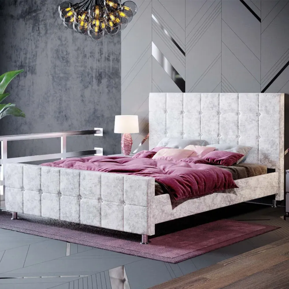 Valentina King Size Bed Frame - Silver, Crushed Velvet