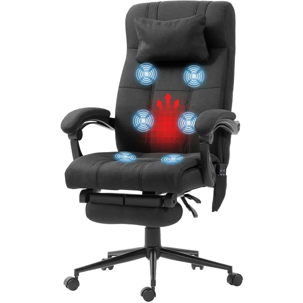Heated Massage Office Chair with Footrest - Black, Fabric