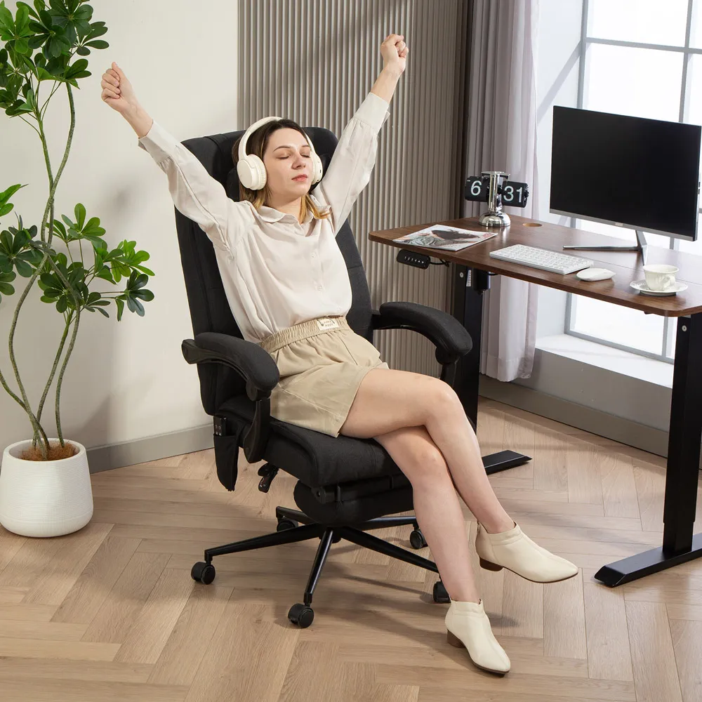 Heated Massage Office Chair with Footrest - Black, Fabric