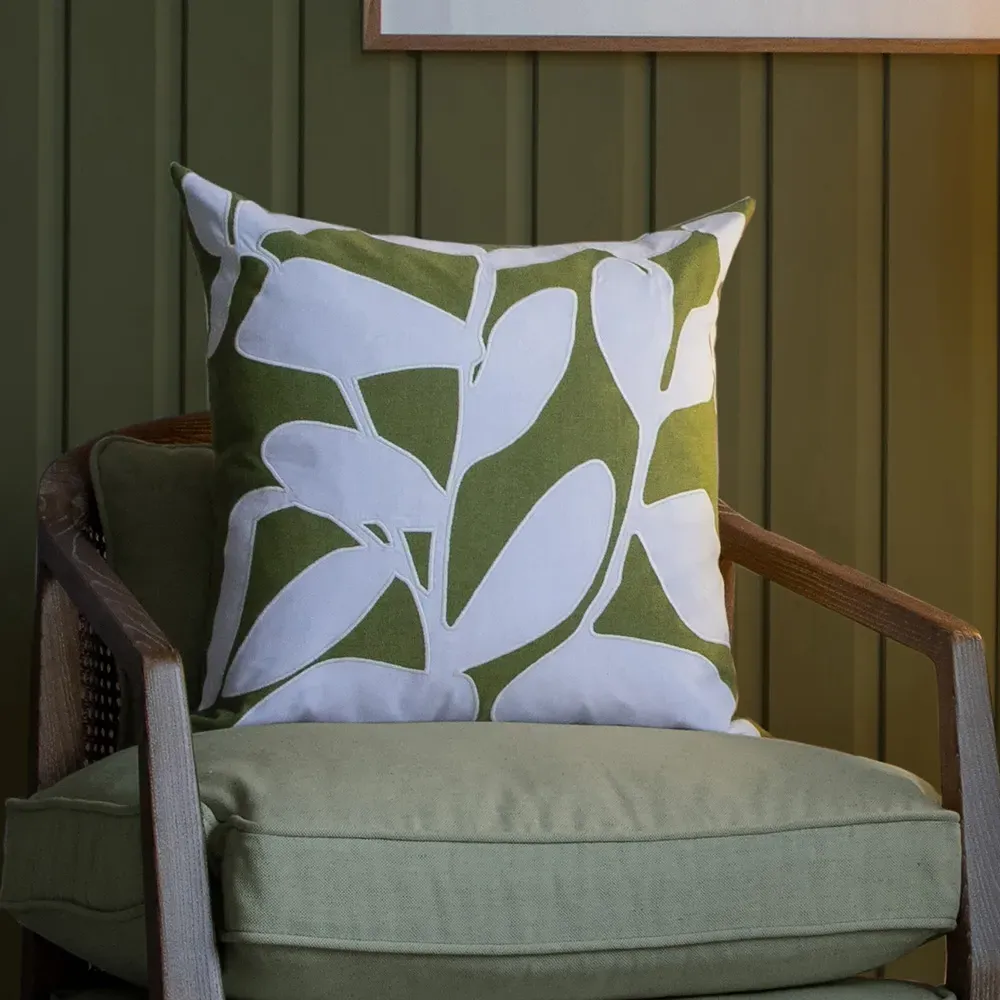 Birch Embroidered Feather Cushion - Green, Linen