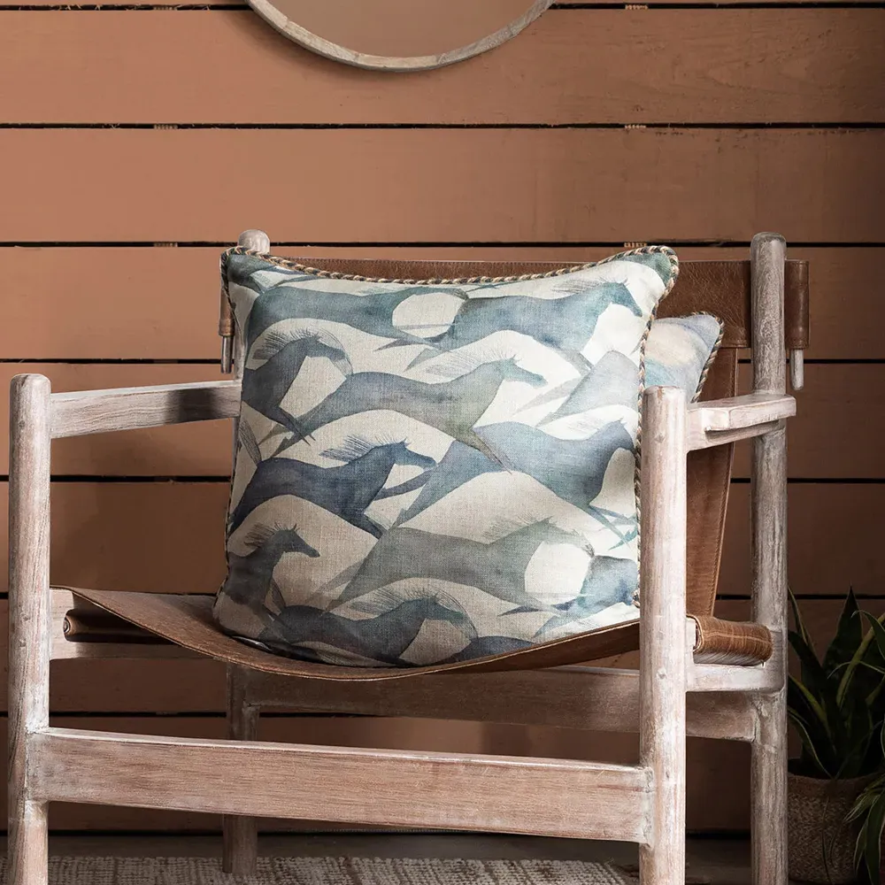 Dakota River Printed Feather Cushion - Blue, Linen