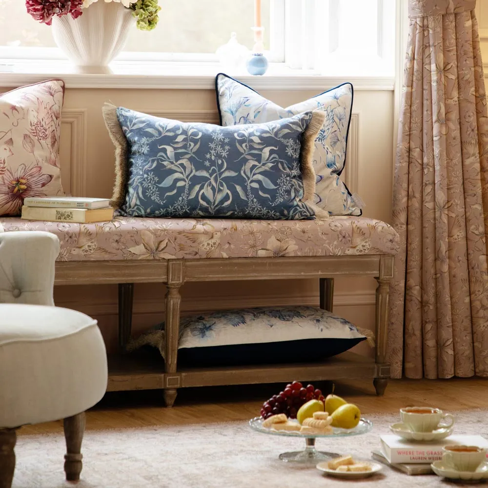 Hettie Feather Cushion with Ruche Trim - Blue