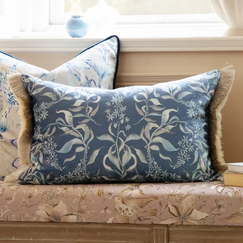 Hettie Feather Cushion with Ruche Trim - Blue