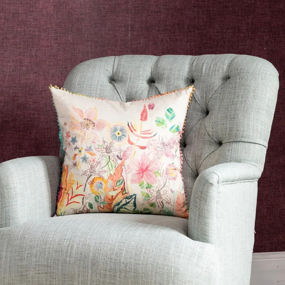 Primrose Linen Printed Feather Cushion 50x50cm - Pink