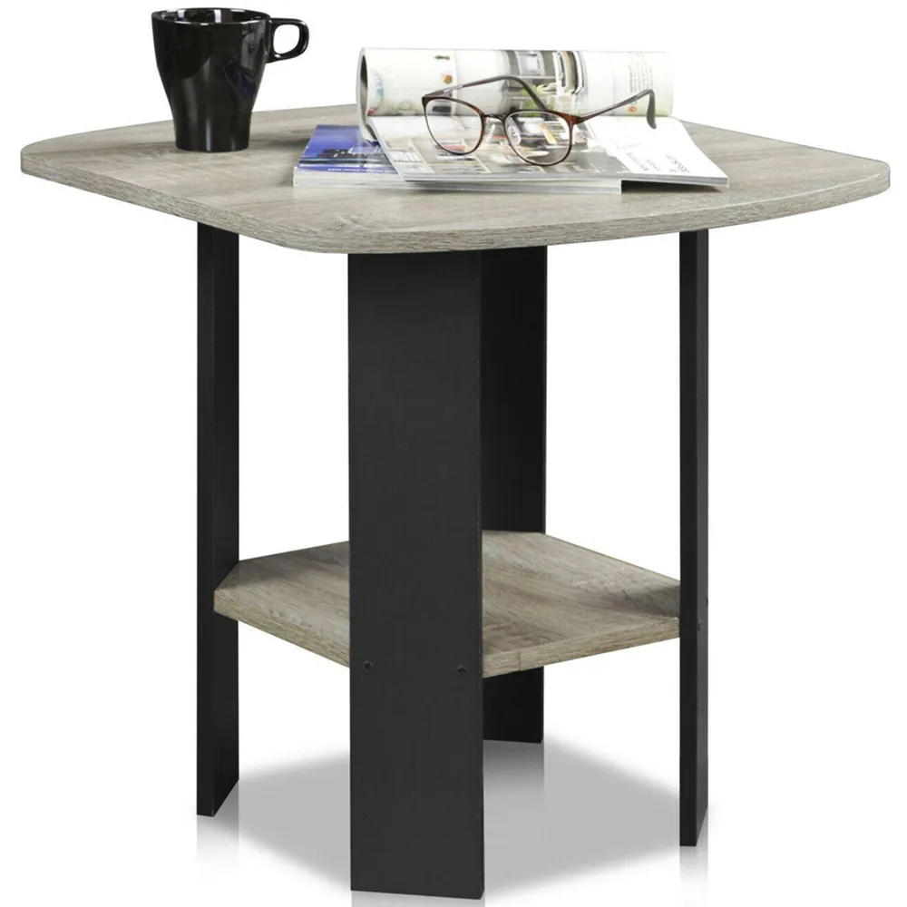 French Oak Side Table with Storage Shelf - Grey, Black