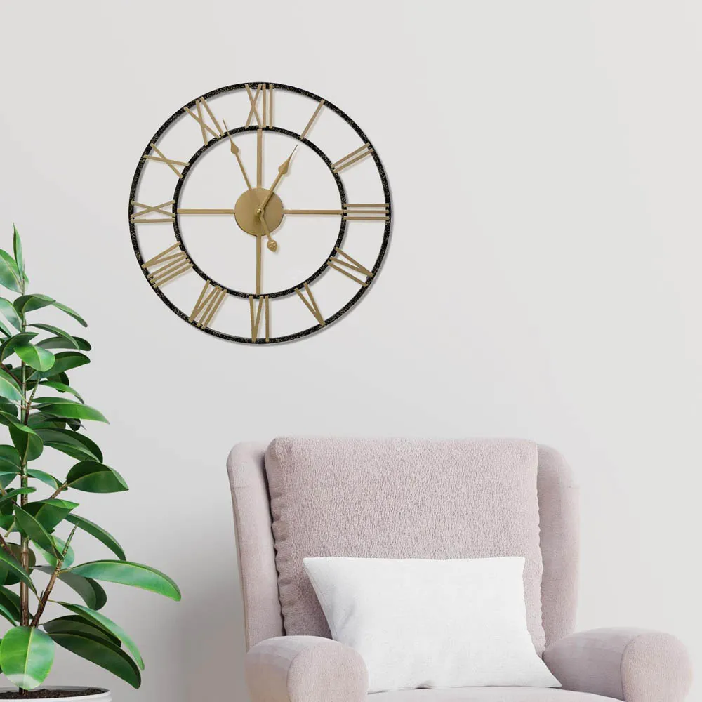 Gold Roman Numeral Round Wall Clock 43cm - Gold, Metal