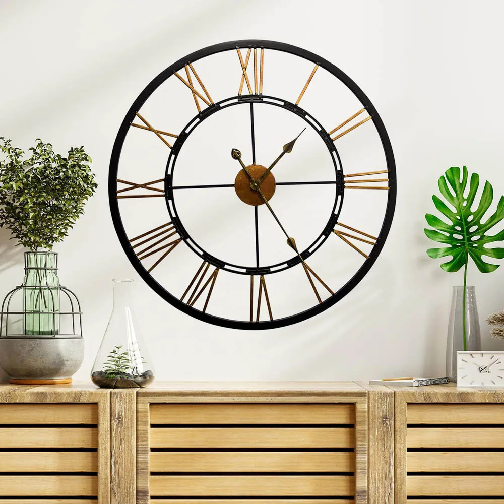 Greenwich Black and Gold Roman Numeral Round Wall Clock 70cm - Black