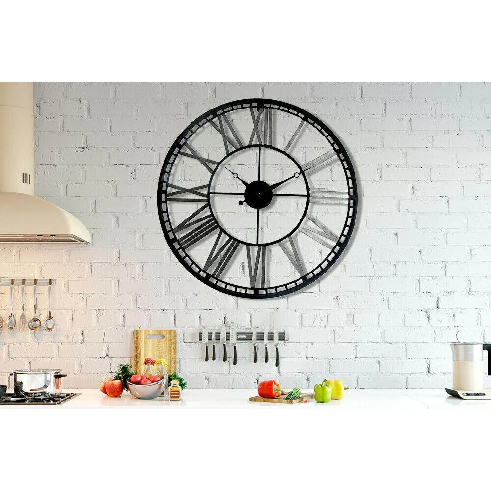 Industrial Round Wall Clock with Roman Numerals - Black, Iron